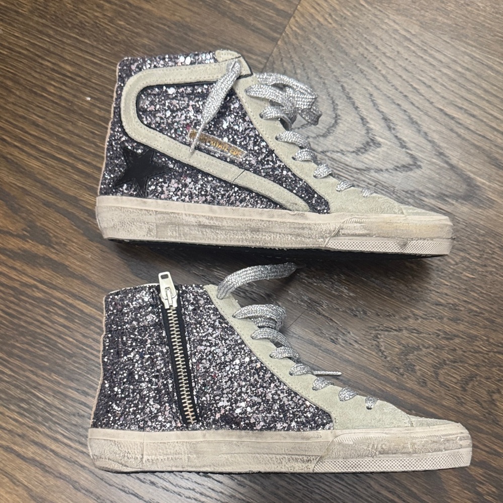 Golden Goose Silver and Black Glitter Sneakers